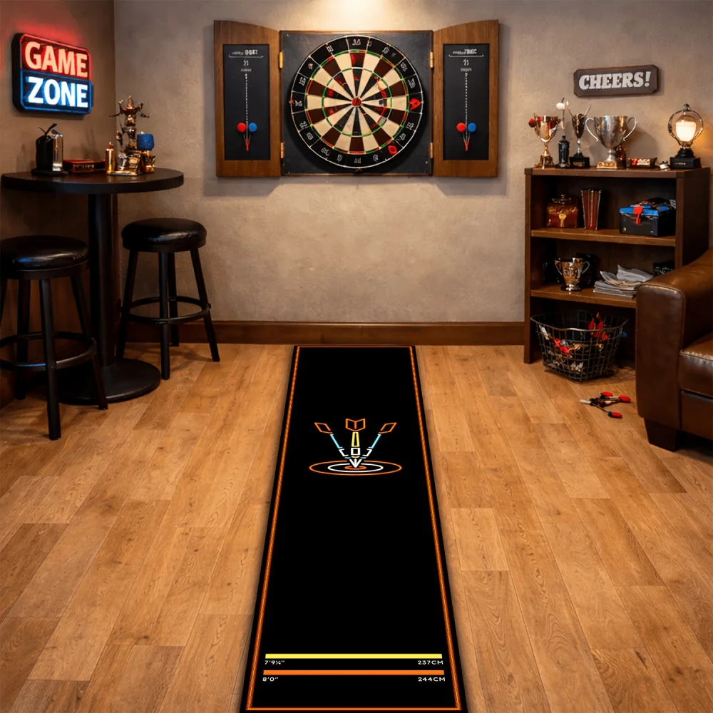 

VIKAMA Minimalist Dart Mat with Neon Style Dart Logo Non Slip Throw Line Mat for Indoor Darts Game Room Decor