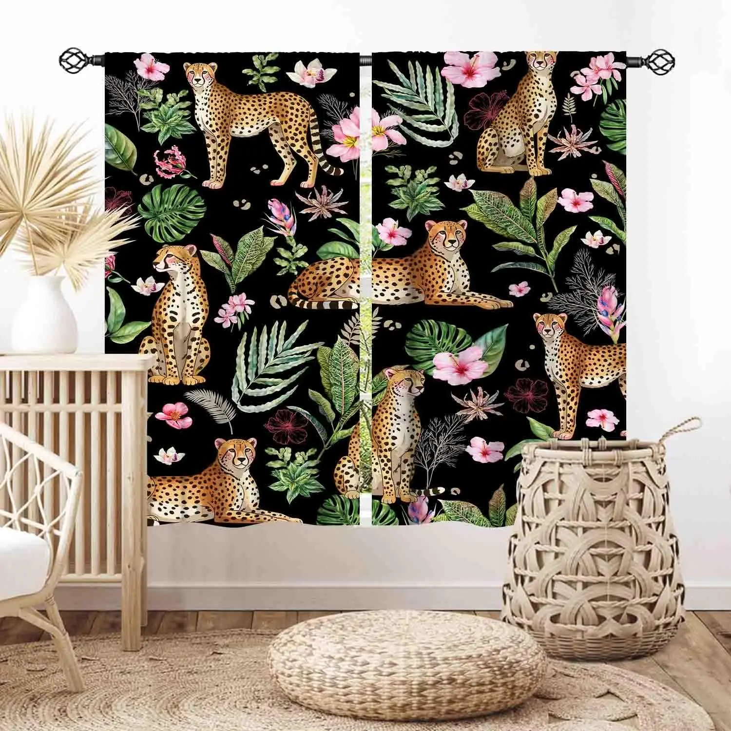 Black Tropical Cheetah Curtain Panels 2 Pack, Multiple Posture Leopard Palm Leaves Exotic Floral Dark Background for Balcony