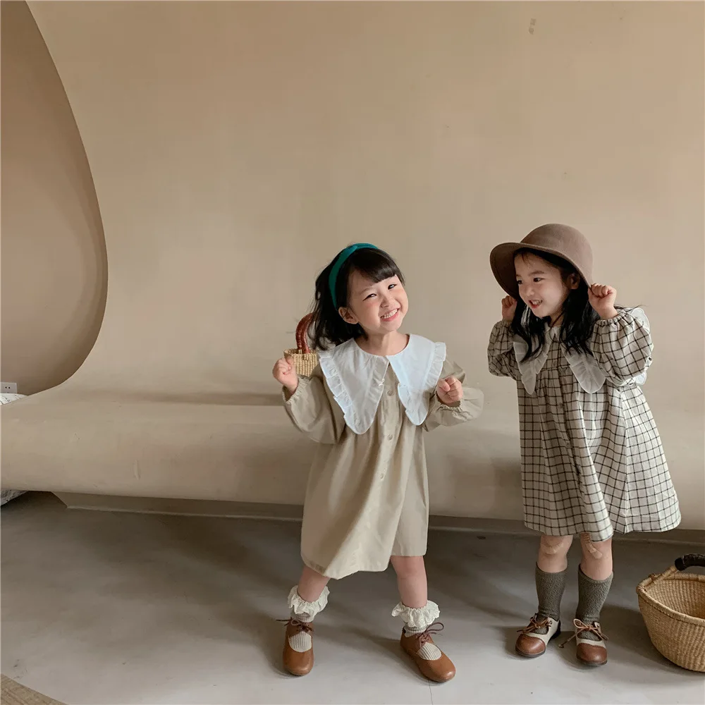 Turn Down Collar Plaid Spring Summer Kids Baby Girs Dress Casual Children Dresses Clothes