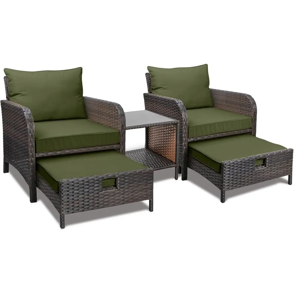 

Комплект садовой мебели из 5 предметов: уличные кресла из искусственного ротанга с мягкими подушками, 2 пуфа и стеклянный столик