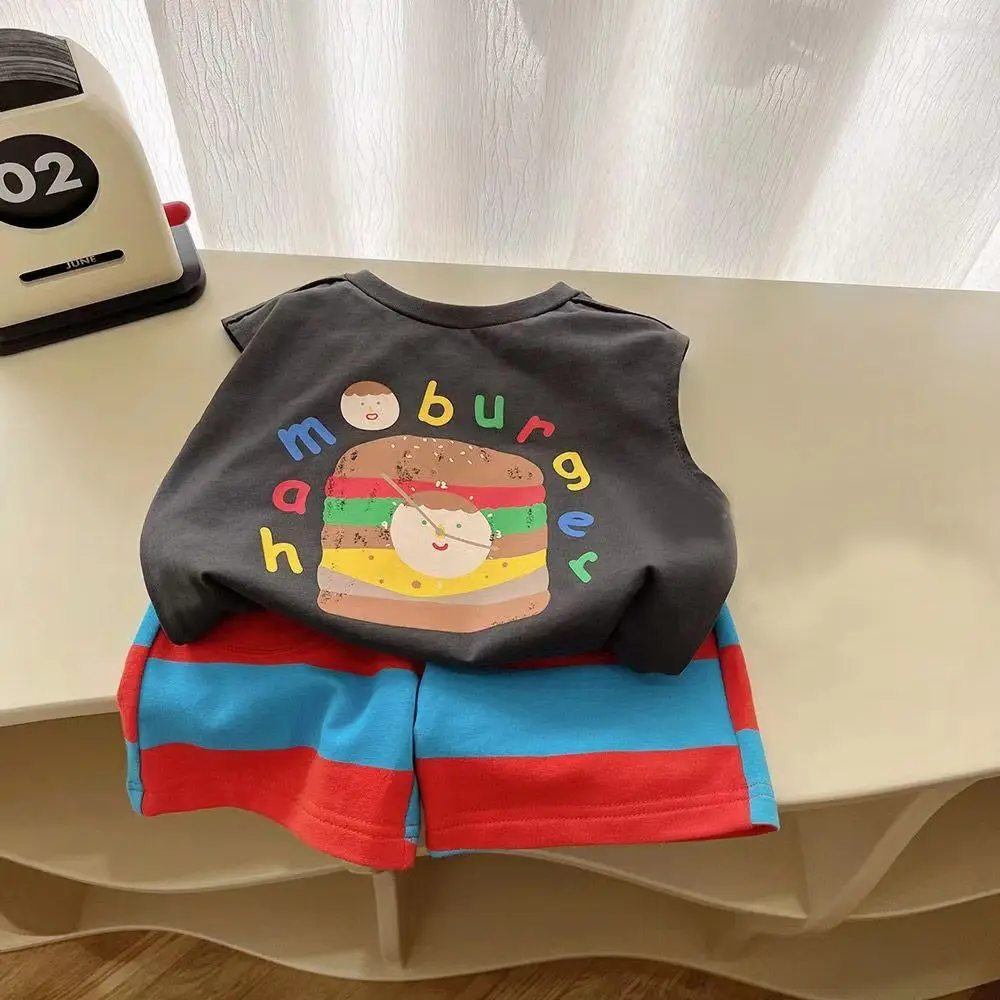 2026 Summer Baby Clothing Set Infant Boys Girls Cute Hamburg Print Sleeveless T-shirt and Stripe Shorts 2Pcs Suit Toddler Outfit