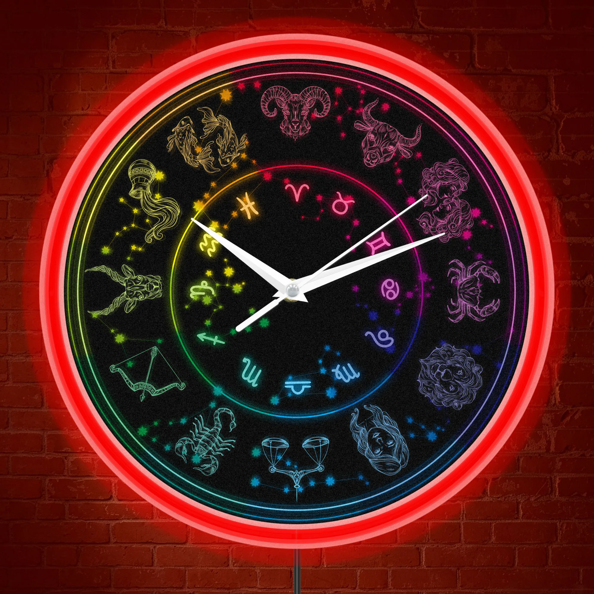 Zodiac Constellation LED Neon Light Wall Clock Silent Movement Illuminated Star Signs Celestial Home Decor Night Light Clock