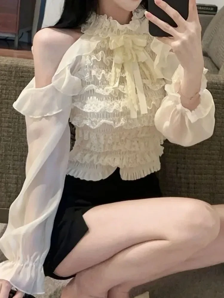 Femme chemises et chemisiers volants printemps automne court Blusas Mujer solide mode coréenne licou élégant rétro Camisas