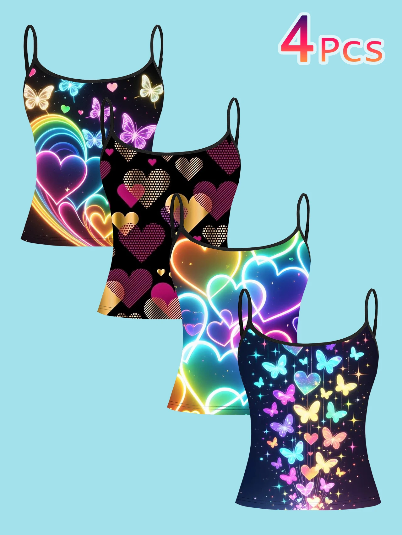 4-Piece Set of Women's Spaghetti Strap Camisoles with Black Base and Neon Light Effect Heart and Butterfly Prints, Slim Fit Sleeveless Tops, Y2K Sweet and Cool Style, Suitable for Outerwear or Layering
