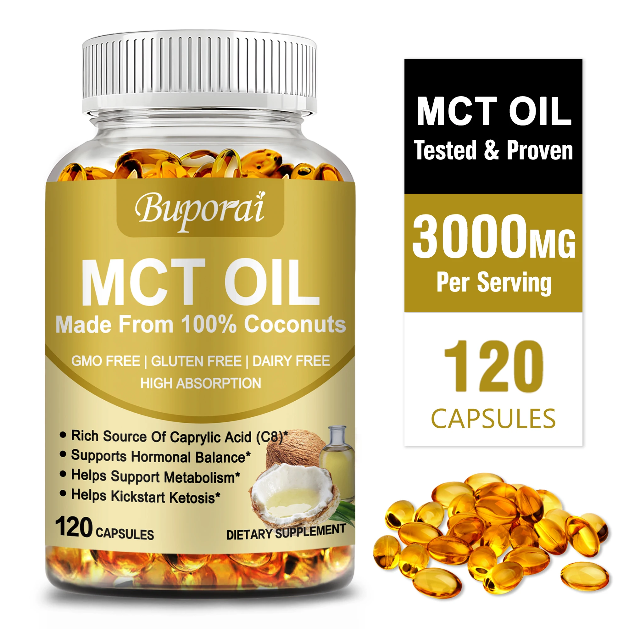 Cápsulas de aceite MCT 3000 mg - Ideal para dieta cetogénica - Apoya la salud del corazón, del cerebro, de las articulaciones y la gestión del peso - 120 cápsulas