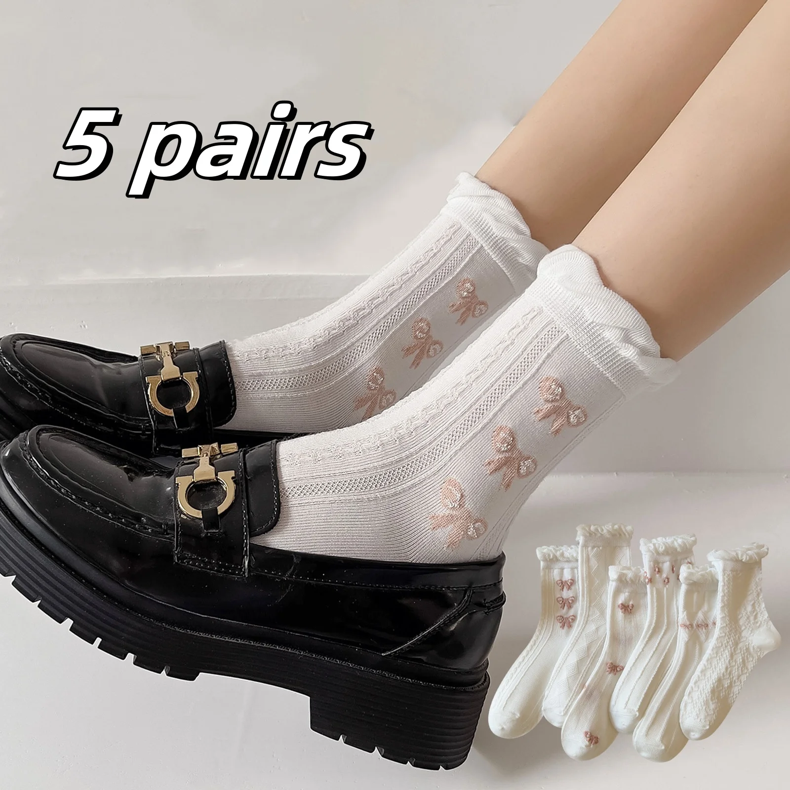 5 pairs of white socks women's summer cute Japanese jk socks lace Mary Jane with small leather shoes mid-calf sweat socks