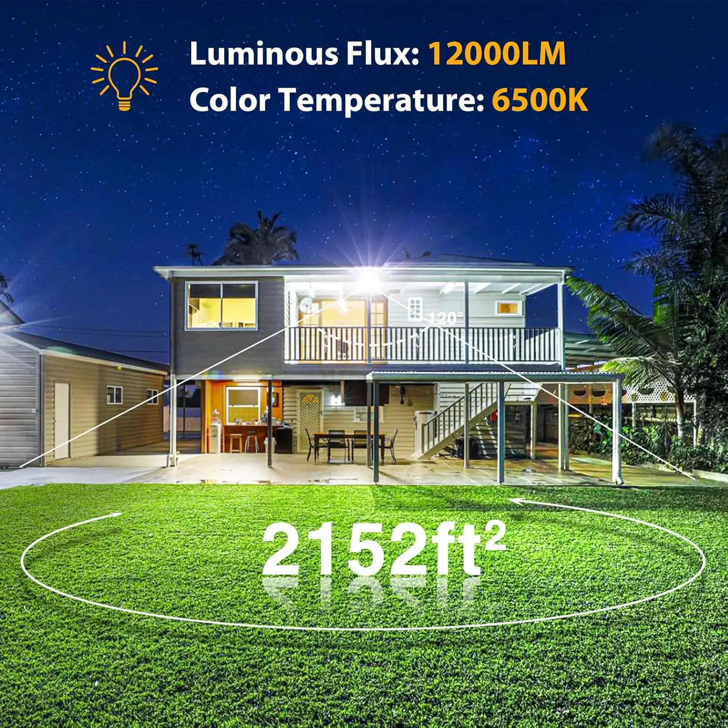 Luce di inondazione a LED ad alta luminosità da 120 W, luce diurna bianca da 12000 lm, impermeabile IP66 per stadio da garage da cortile esterno, confezione da 2
