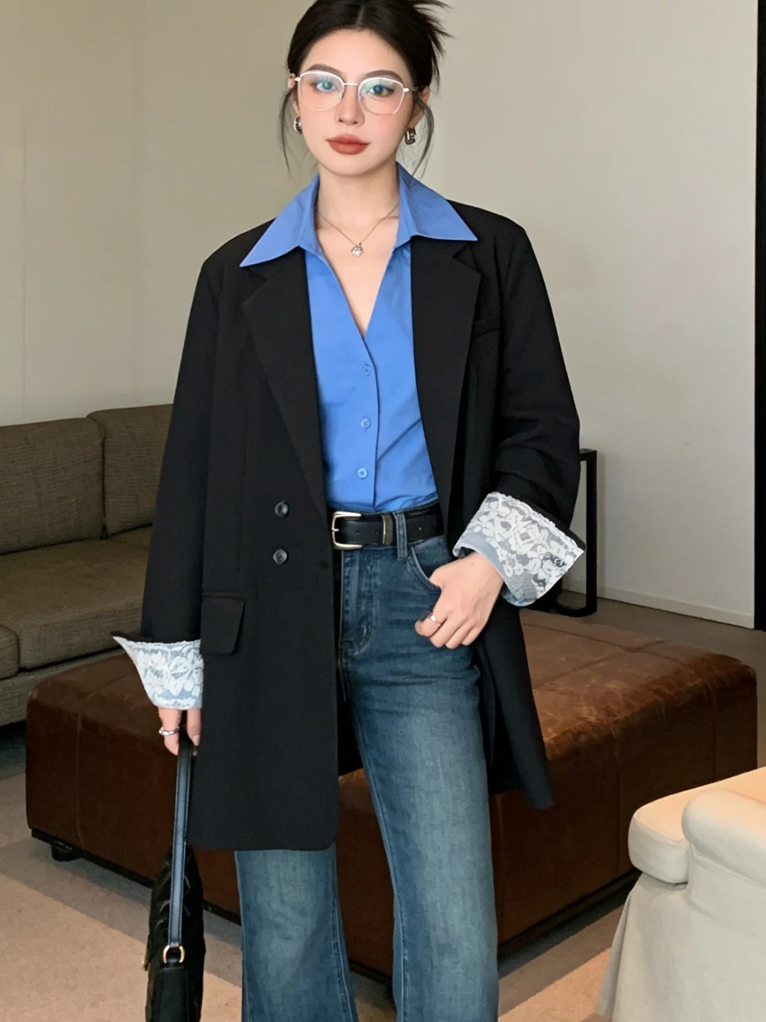 

Корейский деловой костюм-пиджак для ранней весны, новинка, винтажный, с двойными пуговицами, кружевными вставками и рукавами с капюшоном, универсальный, для собеседований