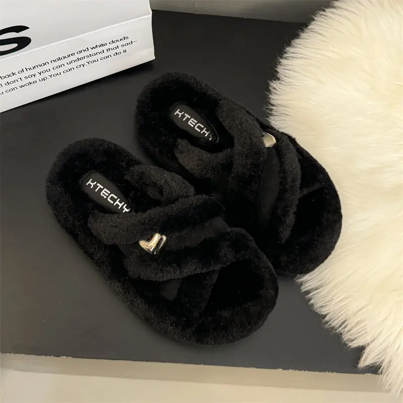 Pantoufles de Maison en Fourrure à Plateforme pour Femme, Chaussures d'Hiver, Énergie en Peluche, 2024