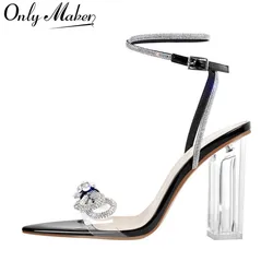 Onlymaker Women's Lucite Clear Ankle Strap Rhinestone Bow Clear Chunky Heel Perspex High Heel Transparent Sandals