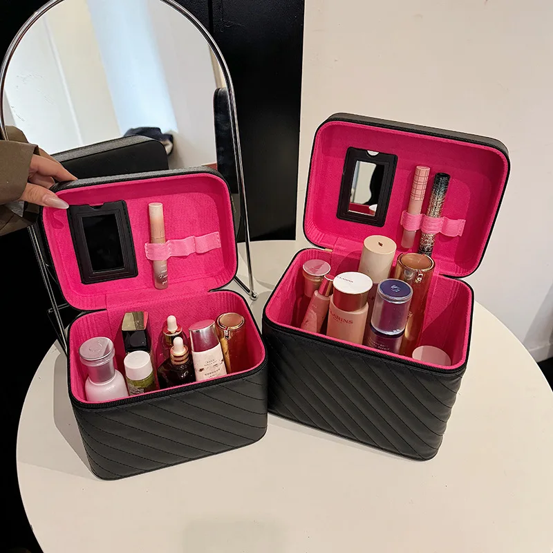 Black PU Makeup Bags for Women Simple Large Capacity Versatile Zipper Storage Box Solid Color Traveling Cosmetics Handbags