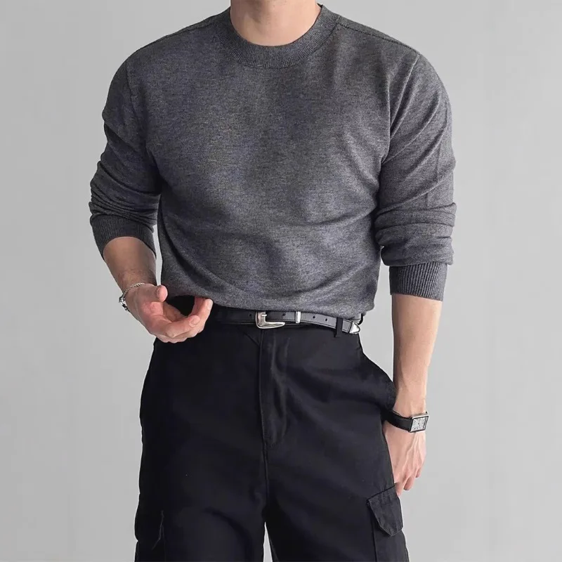 Small neckline core yarn knitted sweater for men slim long-sleeved sweatshirt Modal soft bottomed wool shirt