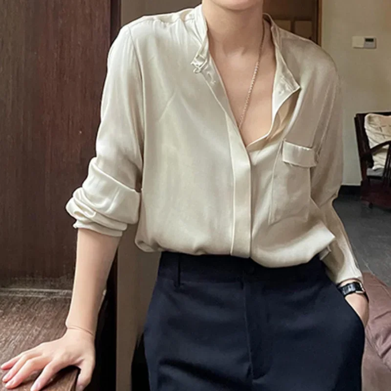 2023 Spring and Summer New Long-sleeved Round Neck Loose  Elastic Double Mulberry  Shirt