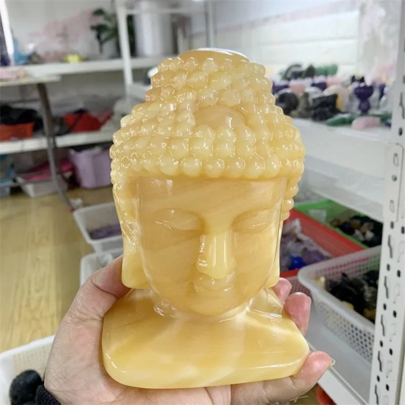 

Natural Yellow Calcite Crystal Buddha Head Figurine Carving Buddhism Home Decoration Healing Meditate Reiki Feng Shui 1pcs