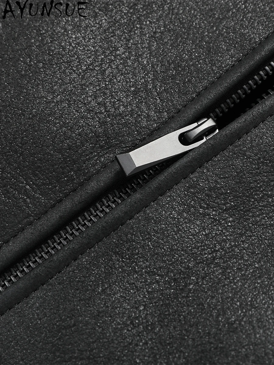 AYUNSUE 本物のメリノ羊の毛皮のジャケット男性用フード付き冬本革ジャケット男性ビジネスカジュアル暖かい天然毛皮のコート