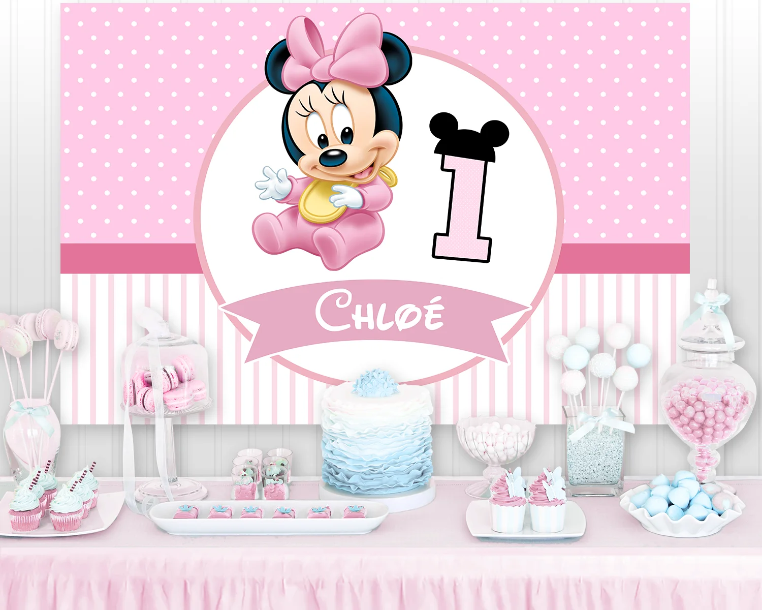 Pink Baby Minnie Mouse 1st Birthday Backdrop Party Supplies Decoration Banner Customized Name Baby Shower Photo Background