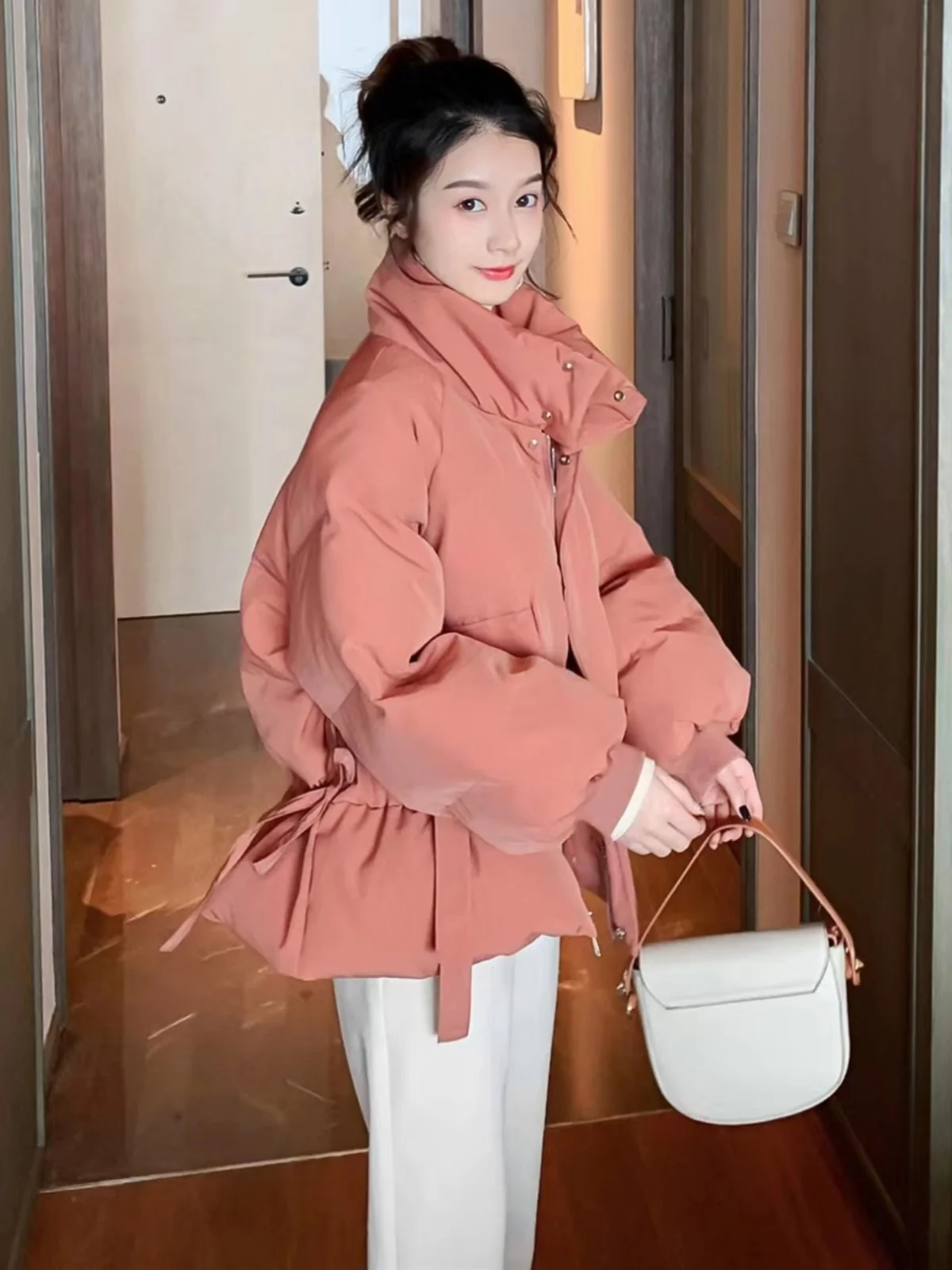 

Women's Loose Thiened Cotton Jaet Stand Collar Zipper Closure Long Sve ort Length Pure Color Commute Sle Coat