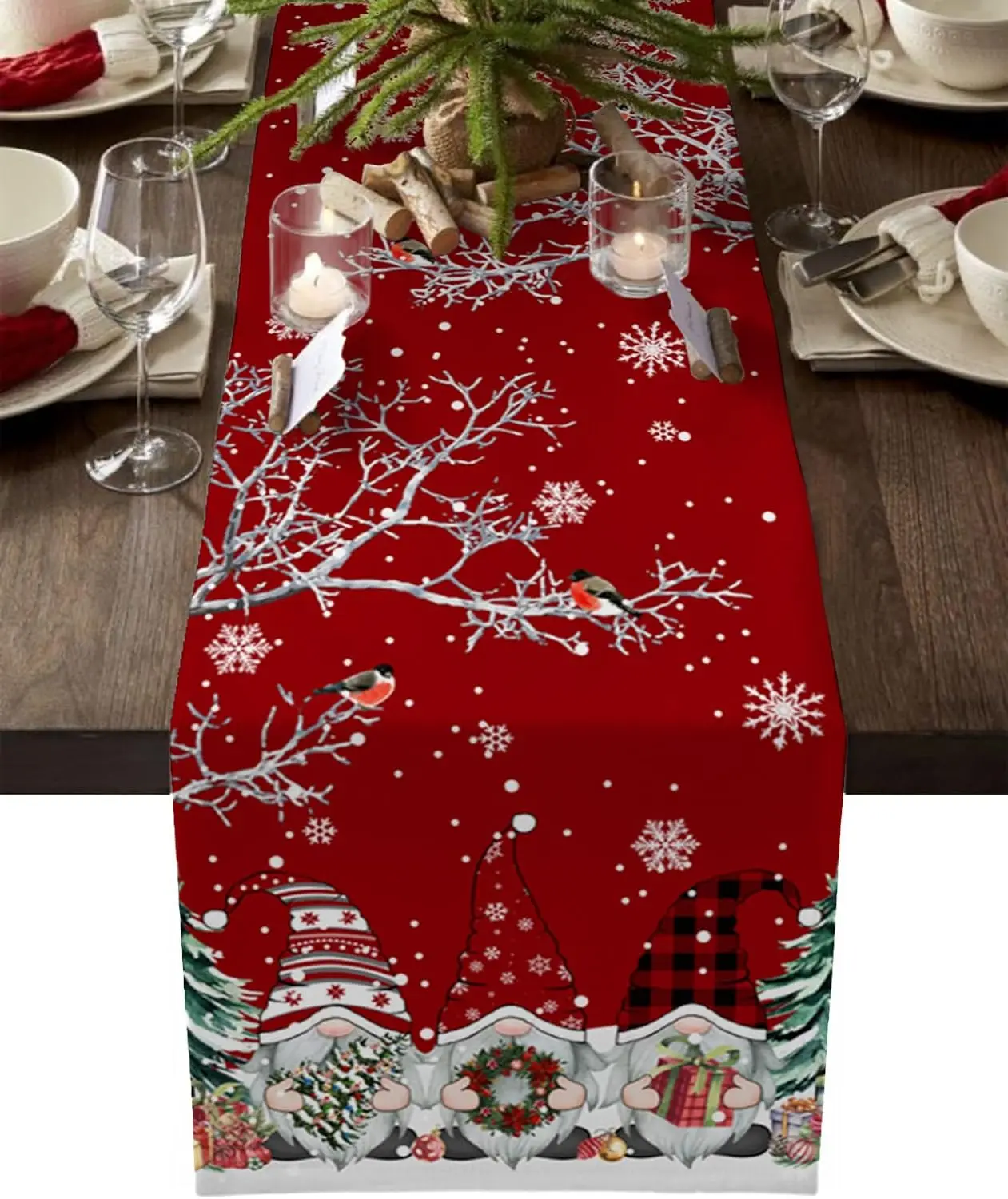 Christmas Gnome Xmas Tree Linen Table Runner Snowflake Branch Bird Red Table Runner Winter Dresser Scarf Home Party Table Decor