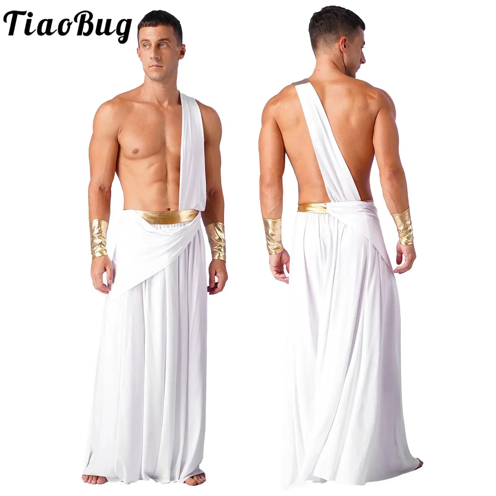 

Mens Ancient Greek God Toga Gladiator Costumes Roman Emperor One Shoulder Sleeveless Robe Halloween Medieval Warrior Outfits