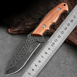 Outdoor Straight Knife, Stainless Steel Blade, Wooden Handle with Knife Cover, Travel Camping Cutting Tool