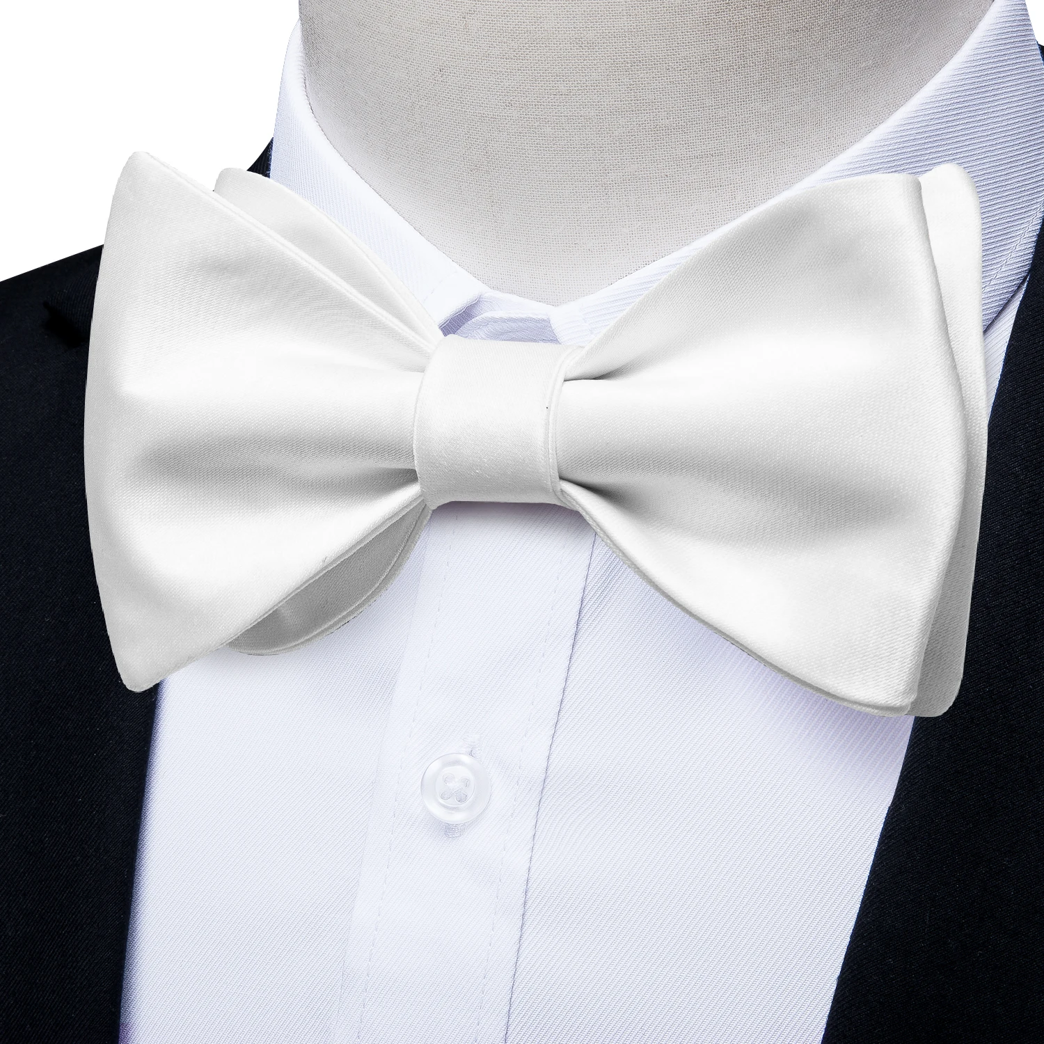 Classic White Selr-tie Bowtie with Ring Pocket Square Cufflinks Set Fashion Solid Men's Bow Tie for Wedding Groom Business Knots