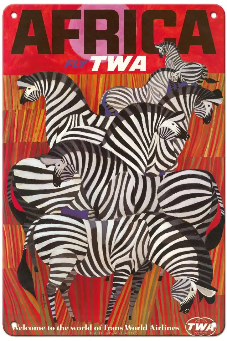 Pacifica Island Art Africa - Fly TWA (Trans World Airlines) - Zebras - Vintage Airline Travel Poster by David Klein c.1960s sign