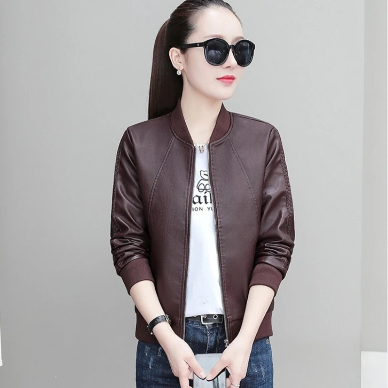 2025 Spring Autumn Women Short Imitation Leather Jacket New Solid Color Zipper Ladies Locomotive Coat PU Leather Jacket Female