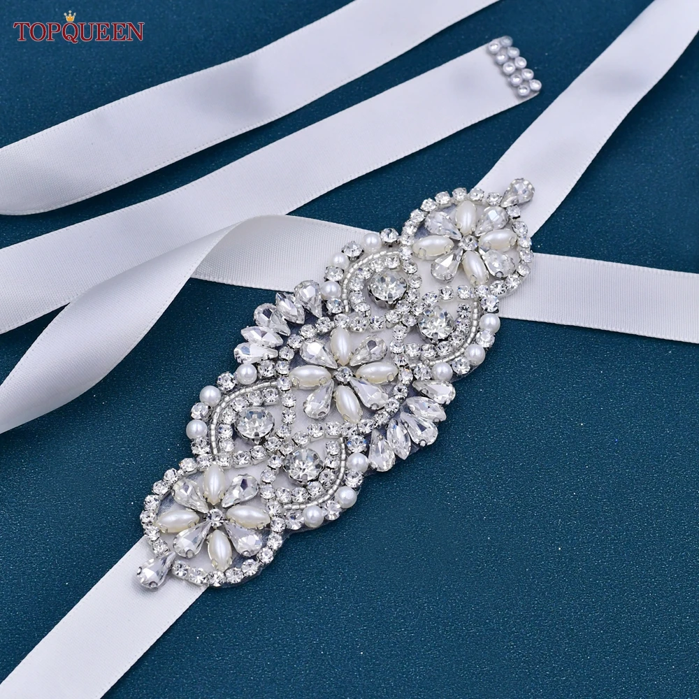 TOPQUEEN Rhinestone Bridal Waist Belt Crystal Rhinestones Wedding Belt Luxury Ribbon Trim Applique Wedding Dress Gown Decor S76