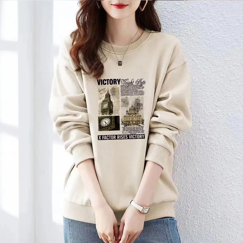 Women\'s Thick Round Neck Solid Color Hoodies Autumn Winter New Korean Loose Long Sleeve Printed Building Pullover Casual Tops