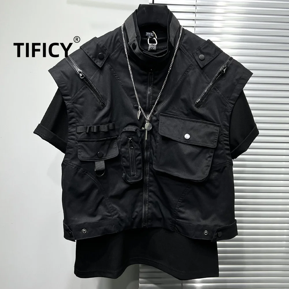 High Street Workwear Vest Dark Series Multi Pocket Splicing Tactical Functional Men's Standing Collar Streetwear Vest Top