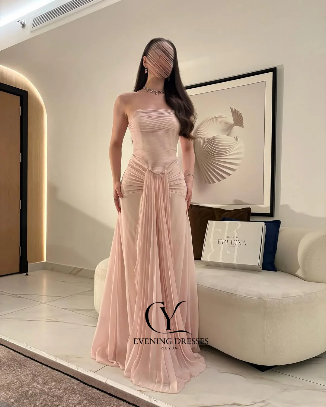 Cuyun personalizado rosa uma linha chiffon maxi vestido de noite sem alças plissado árabe saudita vestido de baile dubai vestido de festa