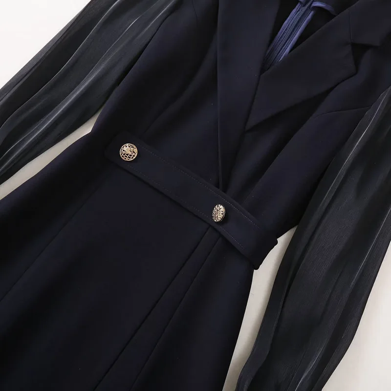 Vestidos de trabajo OL de manga larga elegantes de alta calidad para mujer vestido plisado de retazos de princesa Kate azul marino