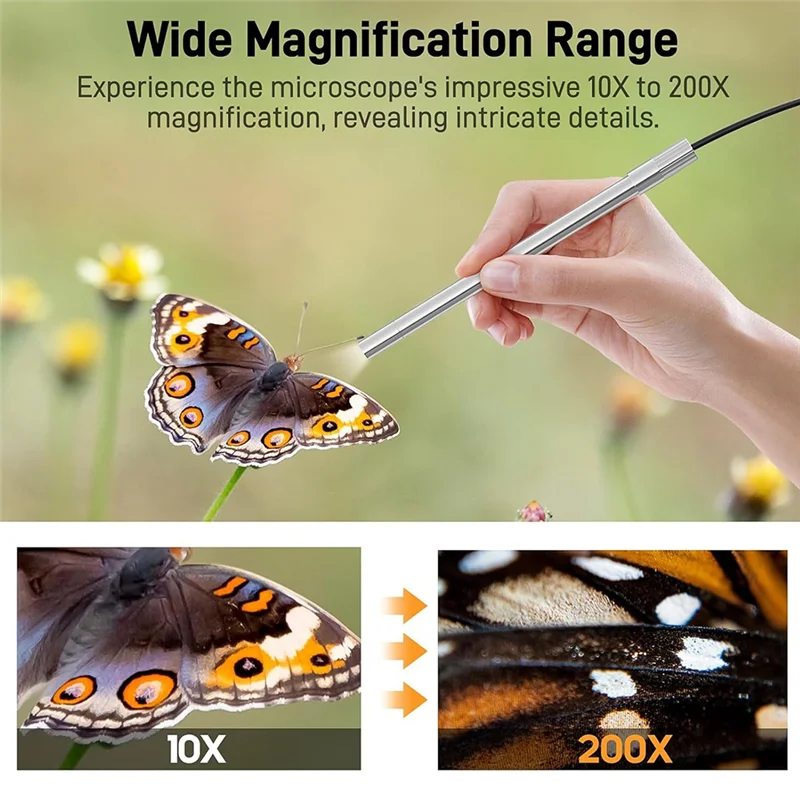 HFES USB-C Digital Microscope, 10X To 200X Magnification Portable Camera With 8 LED Lights, Handheld Rotating Metal Stand