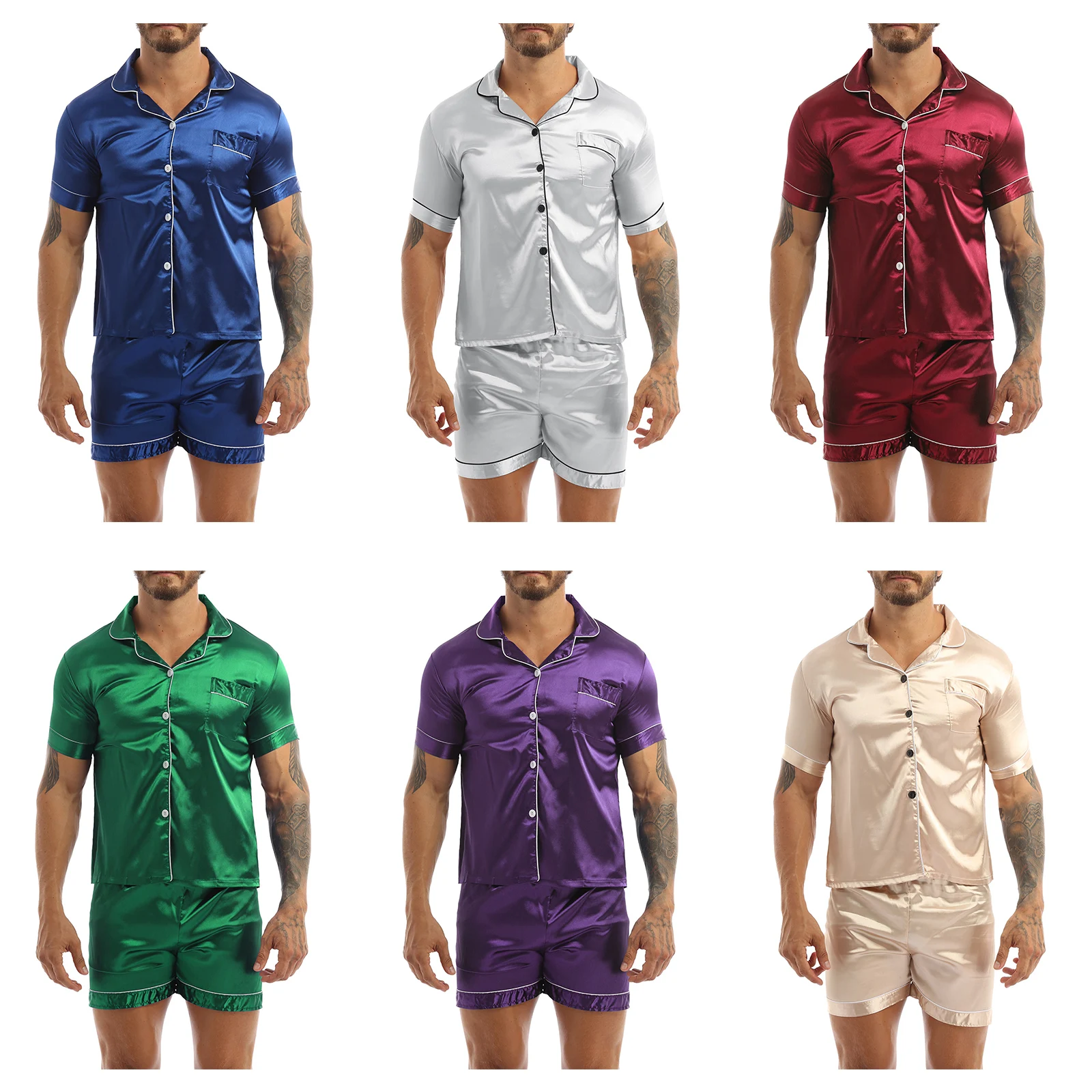 Mens Silky Satin Sleepwear Nightwear Pajamas Set Short Sleeves Button Down Shirt Top with Boxer Shorts Loungewear