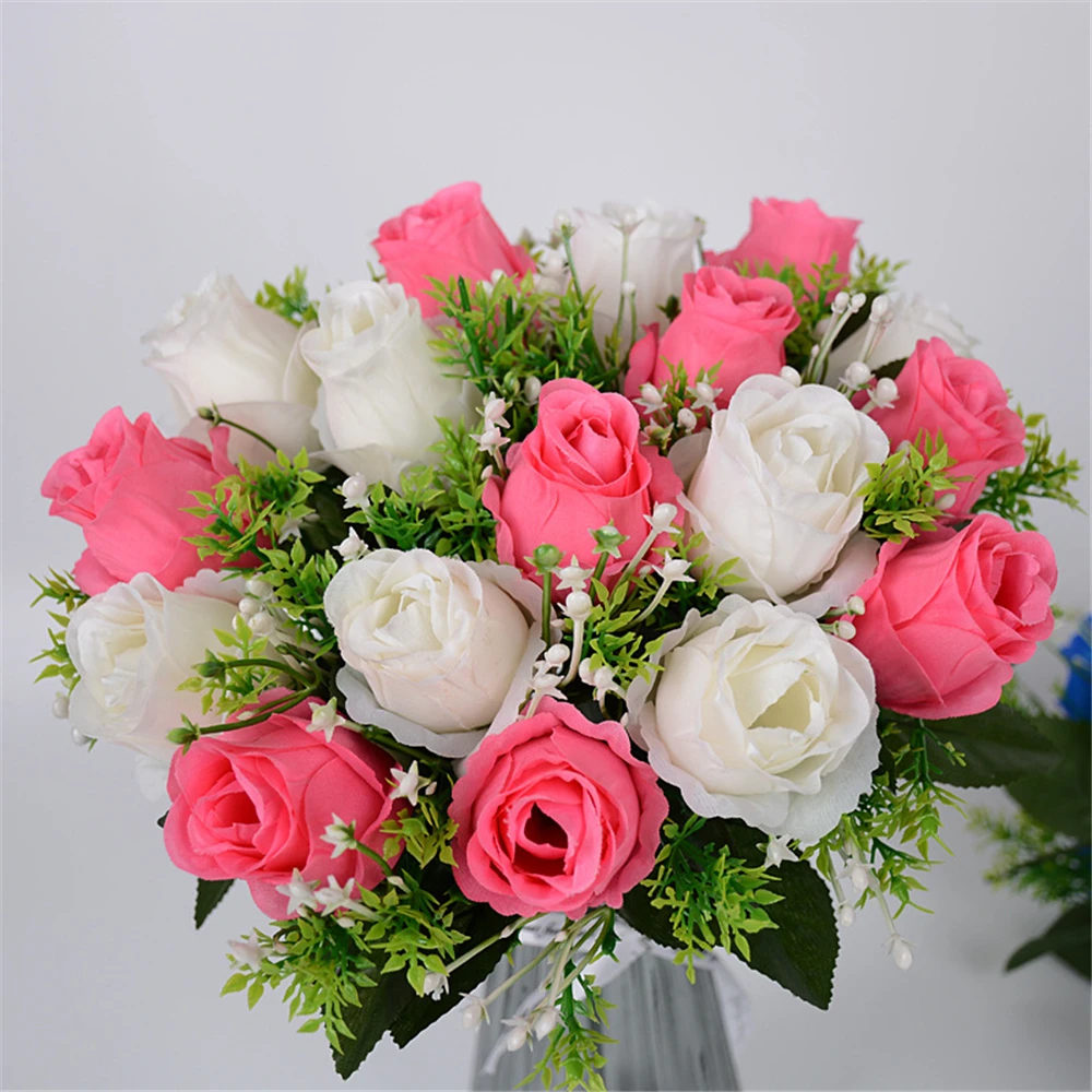 باقة الزهور الاصطناعية الوردية، زهور الزفاف العروس، ديكور المنزل لعيد الميلاد، دعائم التصوير الفوتوغرافي DIY، زينة المنزل #3