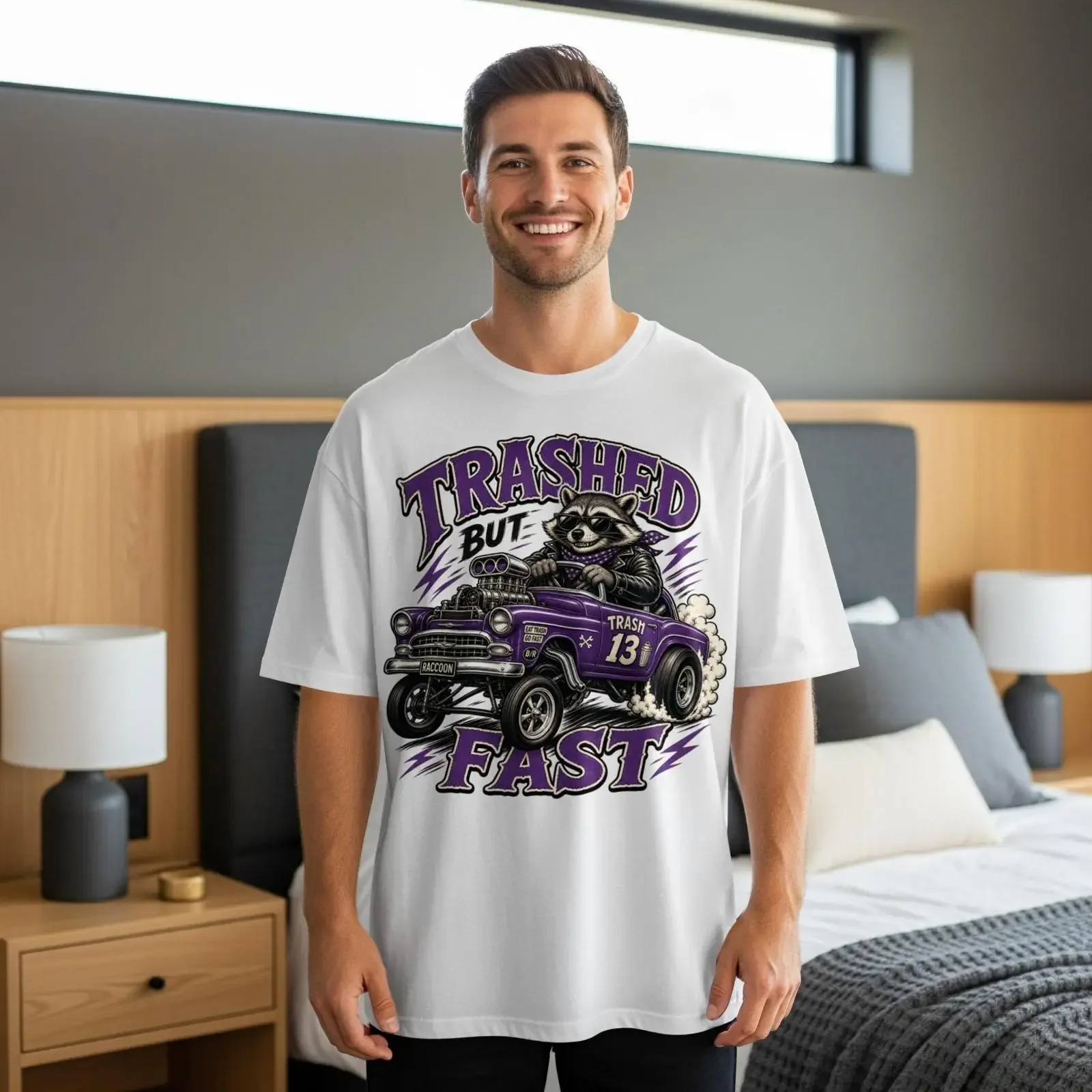 Hot Rod Waschbär T-Shirt Trashed But Fast Kustom Kulture Car Guy Lustiger Greaser-Stil Retro Vintage gewaschen Atmungsaktiv