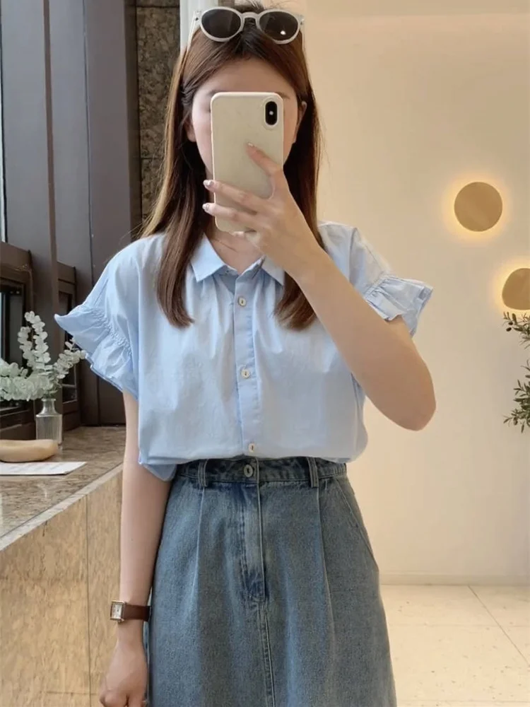 

Blue Collar Short Sleeve Shirt Women Summer Loose Fit Flounce Hem High Waist Button up Korean Style plus Size Slimming Top