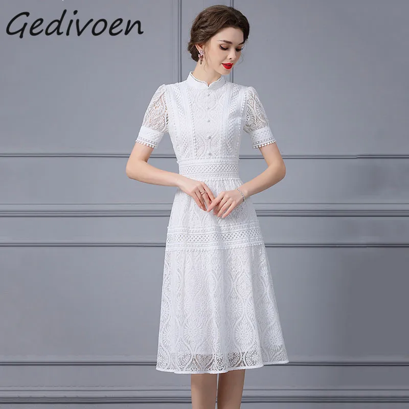 Imagem -04 - Gedivoen-elegante Vestido de Renda Feminino Gola em pé Bordado de Botões Oco Cintura Alta Vestido Midi Fino Passarela Verão