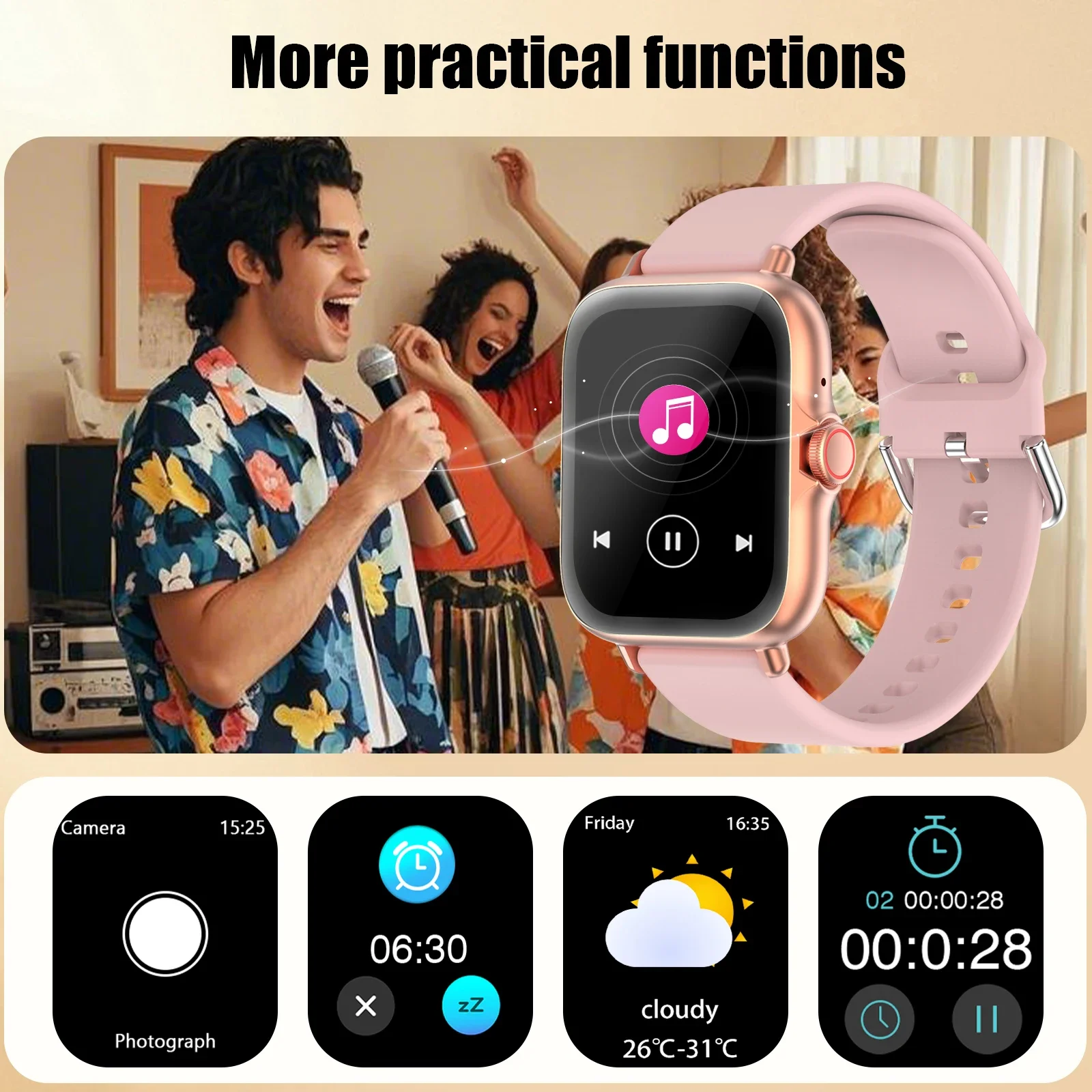 

Smartwatch, Wireless Calling/dialing, Message Reminders, Multi-sport Mode, Music Playback, Suitable for IPhone/Android