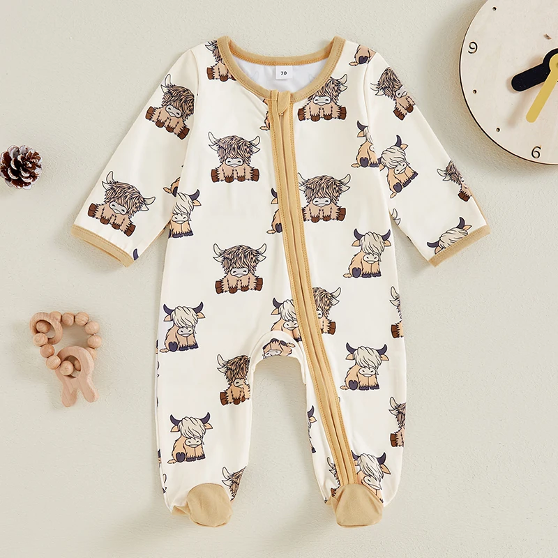 2024-06-01 Lioraitiin 0-18M Autumn Baby Boys Girls Western Footed Jumpsuit Long Sleeve Crew Neck Cow Print Zipper Romper