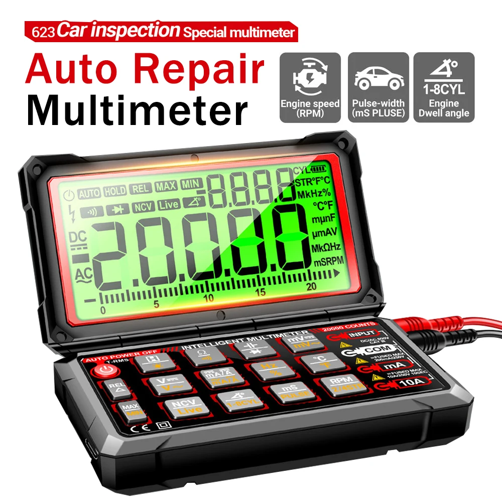 623 Flip Multimeter Car Multimeter Repair Tester 20000 Count Voltmeter Instrument Tool Built-in Rechargeable Lithium Battery