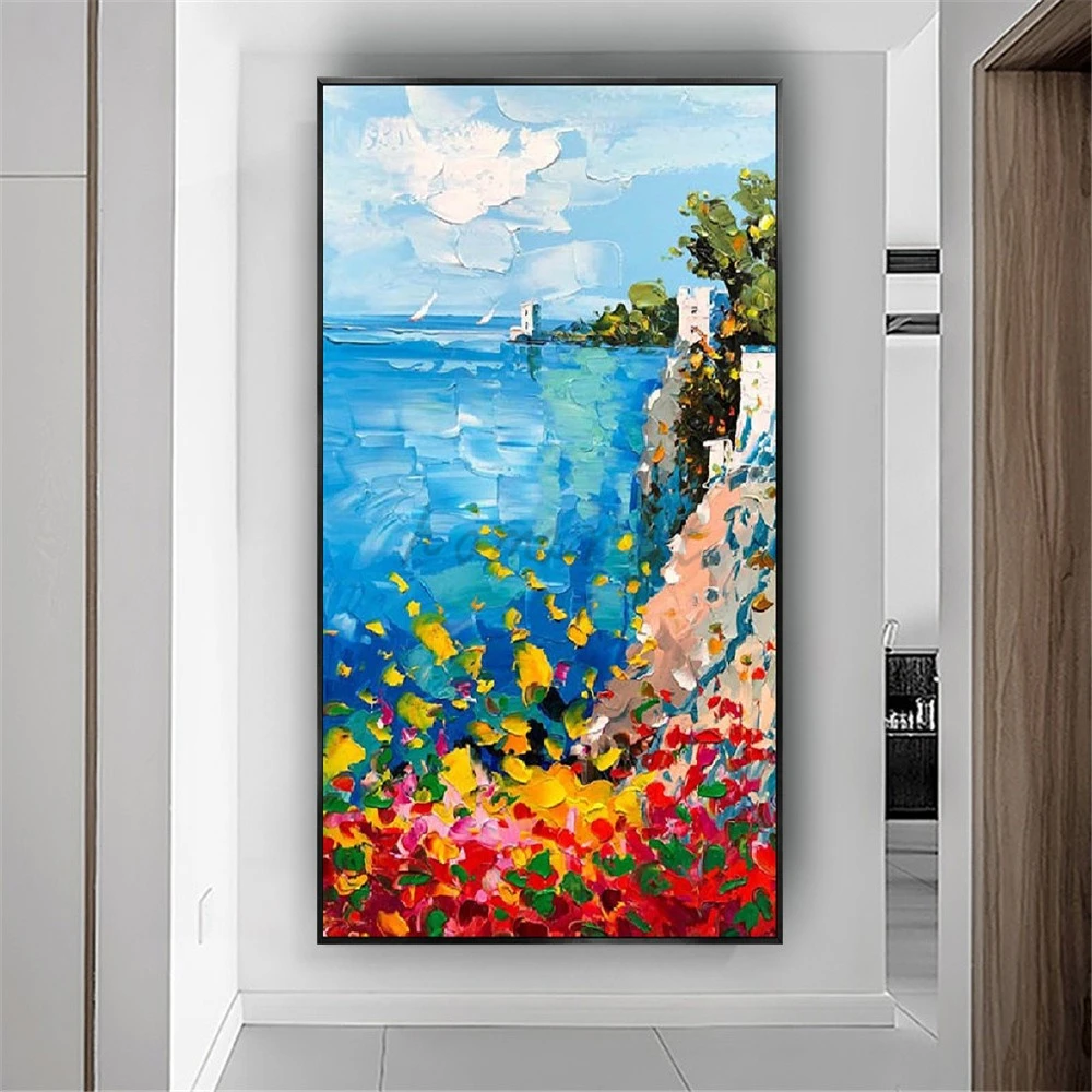 Modern Artist Handmade Mediterranean Sea Oil Painting Green Plant Garden Landscape Artwork on Canvas Wall Decor for Living Room