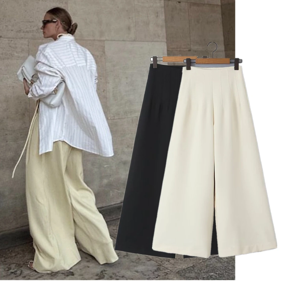 

Dave&Di Fashion Ladies Clothes 2024 New Arrival Ins Fashion Retro High Waisted Blogger Wide Leg Pants Women Casual Trousers