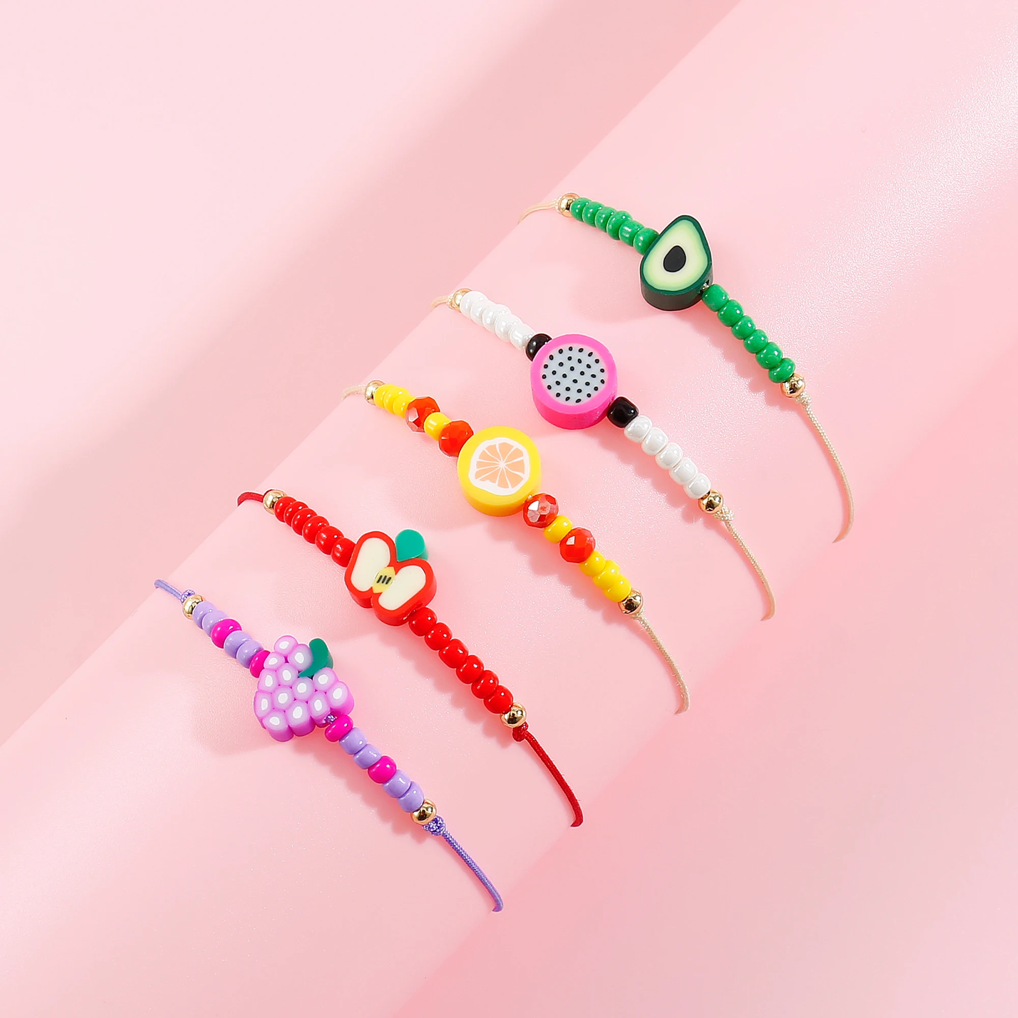 Boho Friendship Bracelet for Women Girl Gift Colorful Beads Cute Apple Avocado Lemon Grape Aadjustable Rope Chain Fruit Bracelet