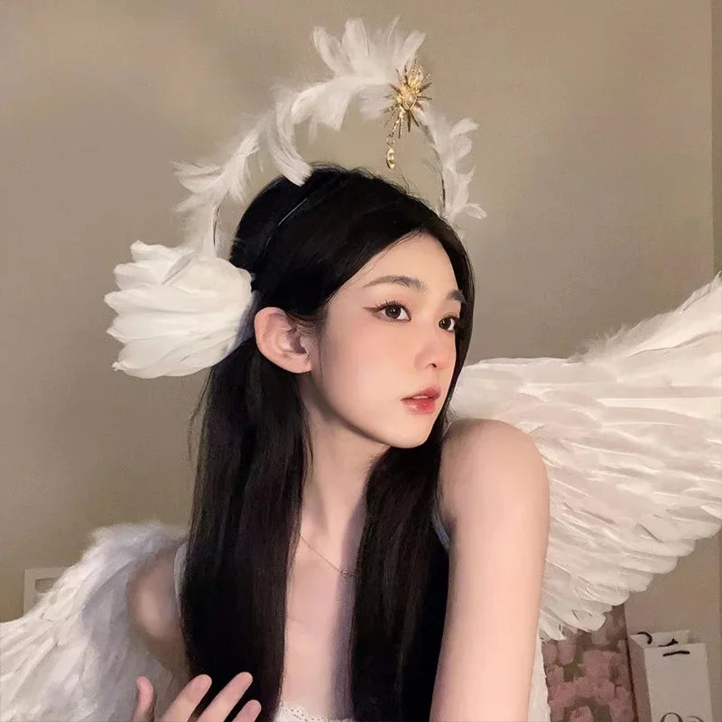 Bandeau de sauna d'elfe d'ange pour femmes et filles, plume d'ailes blanches, déesse Lolita, accessoire de costume d'Halloween et de Noël, habillage de fête