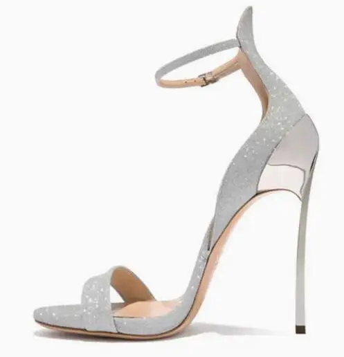 

Summer Bling Sliver Glitter One Line Ankle Strap High Heel Sandals Women Metal Blade Heels Cover Heel Banquet Dress Sandals Shoe