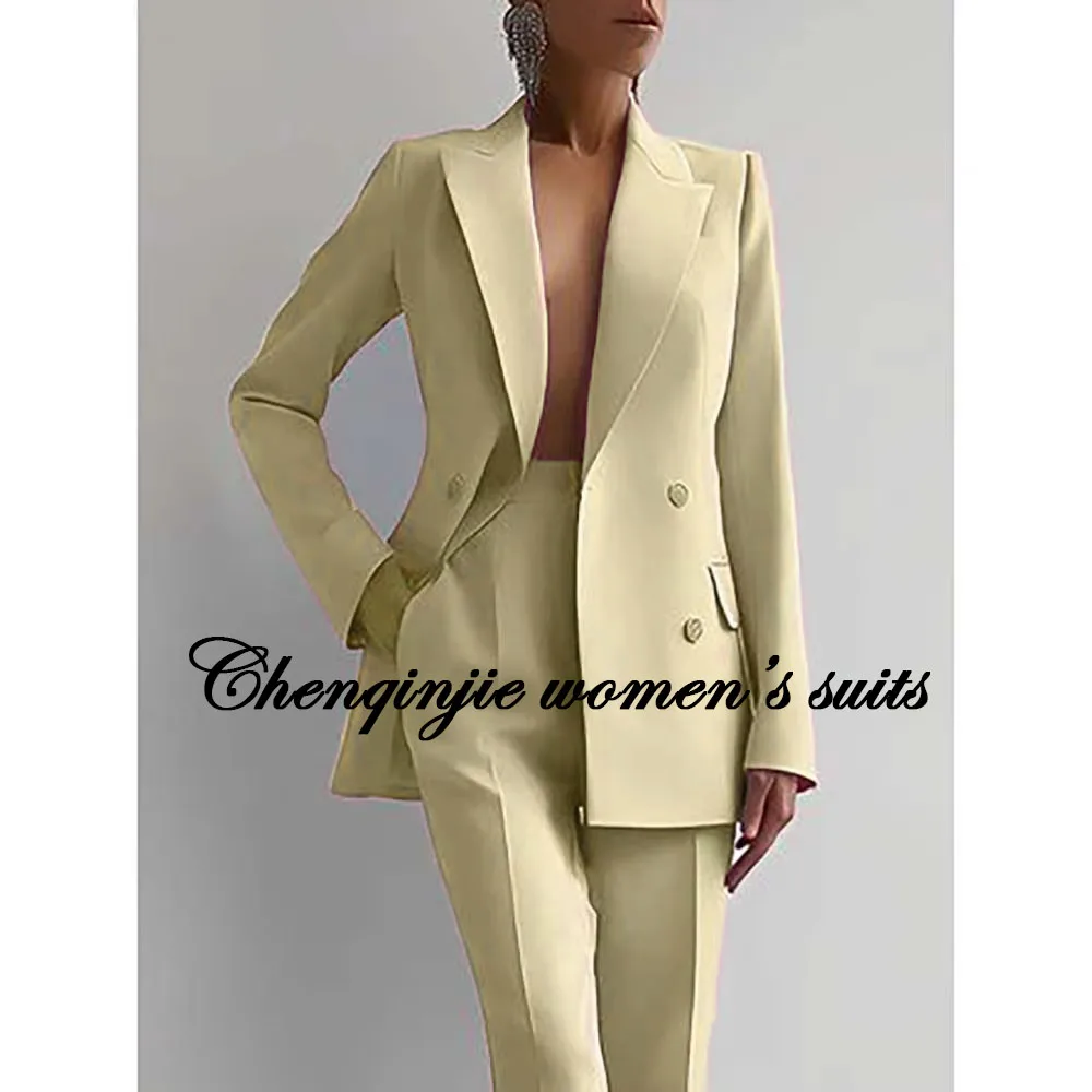 High Quality Women\'s Blazer Sets Elegant Solid Color Double Breasted Peak Lapel Slim Fit 2 Piece Jacket Pants Office Lady Outfit