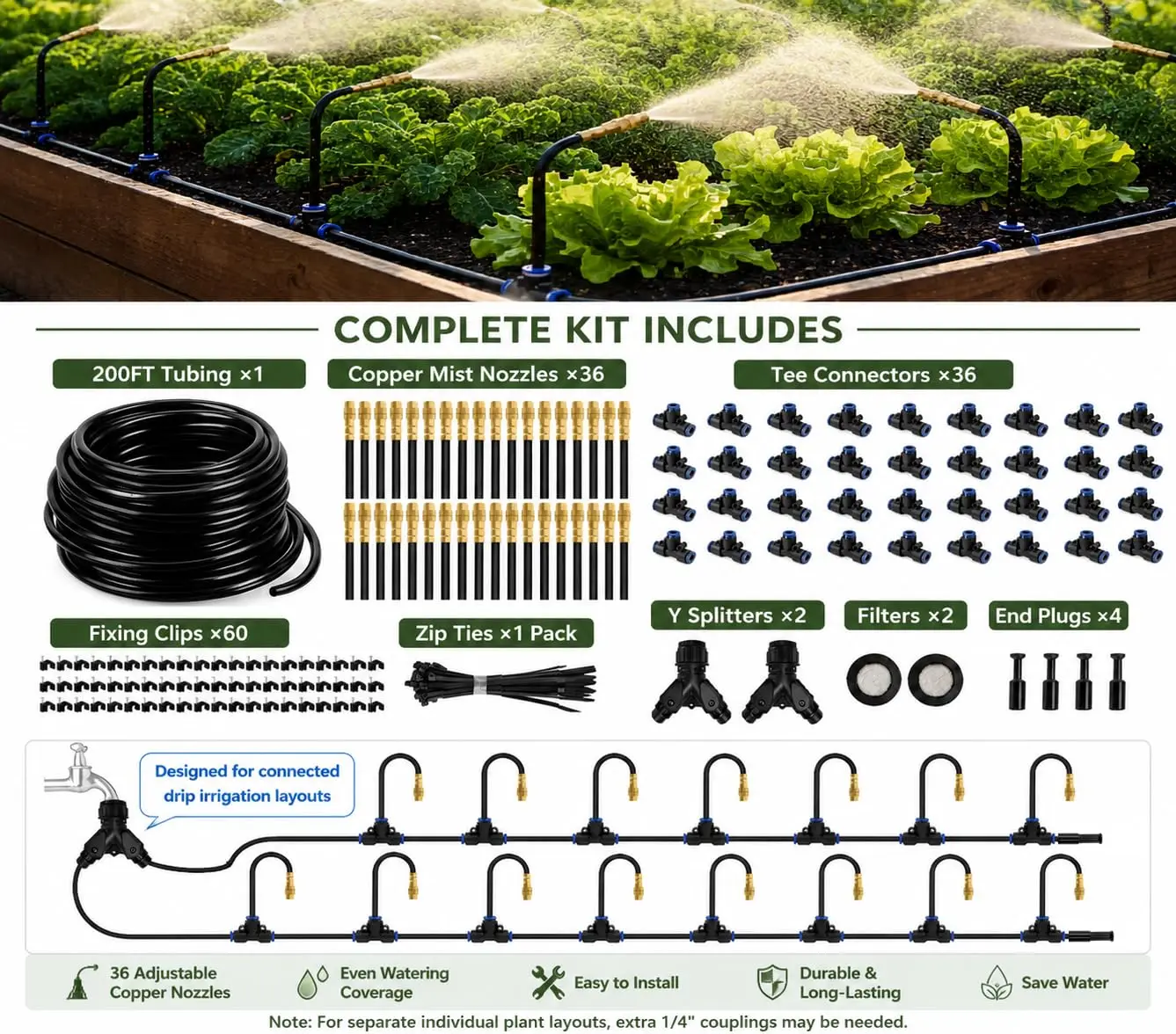 200FT Drip Irrigation System with 36 Adjustable Copper Nozzles for Garden Watering