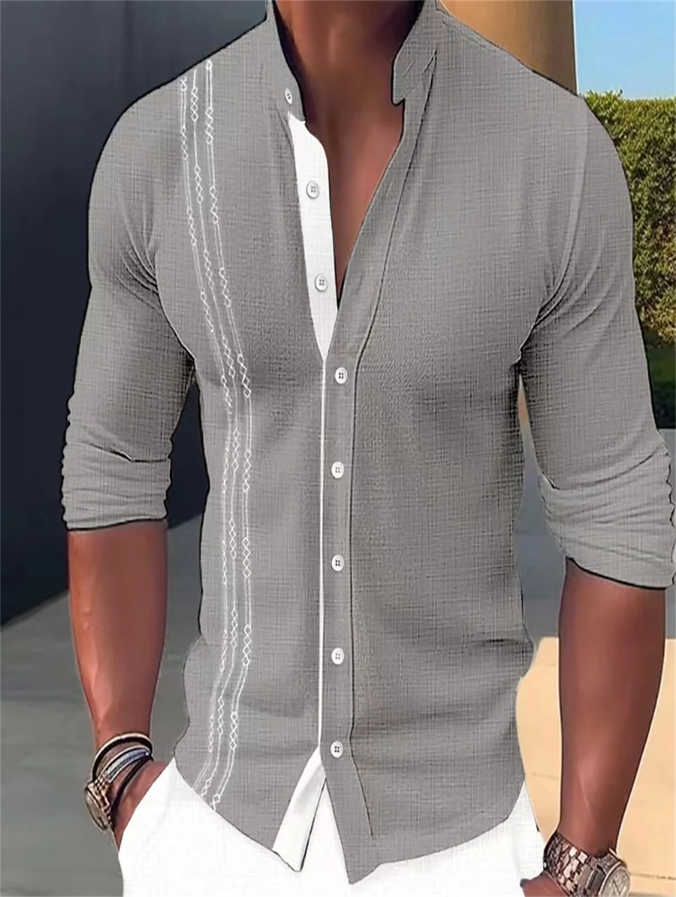 Autumn new long-sleeved slim-fit cotton linen business casual shirt young muscle men trend fashion to wear cardigan tops