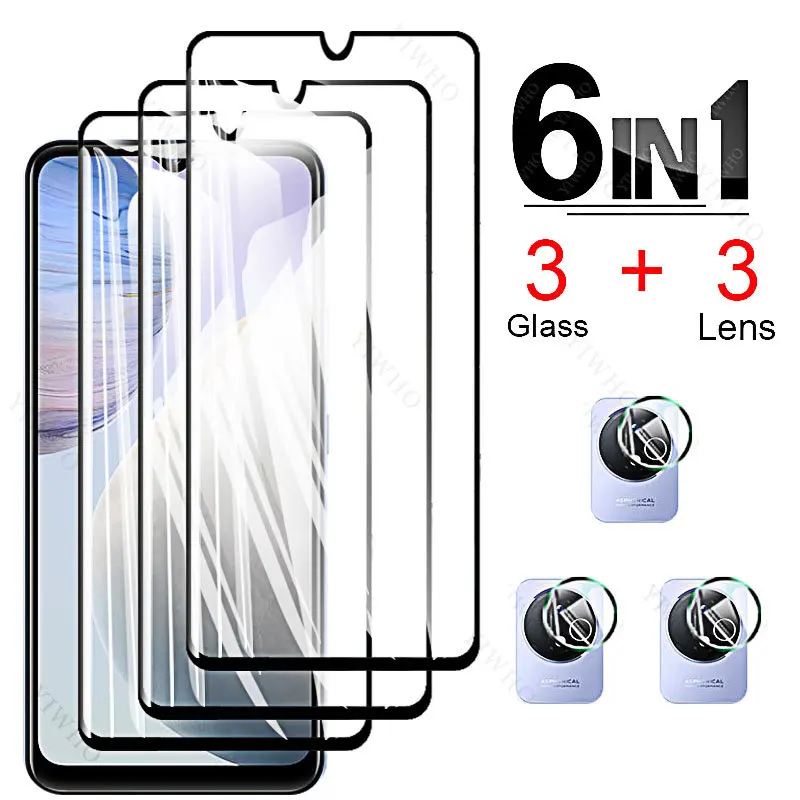 6in1 Tempered Glass for Vivo Y02 Screen Protector on For Vivo Y16 Y17 Y19 Y20 Y22 Y22s Protective Film Camera Lens HD Black Glas